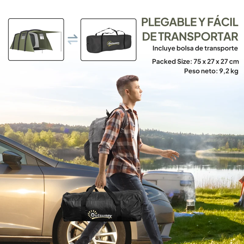 Outsunny Tienda de Campaña Inflable Tipo Túnel para 3 Personas con Vestíbulo Ventanas de Malla y Bolsa Impermeable Verde Oliva