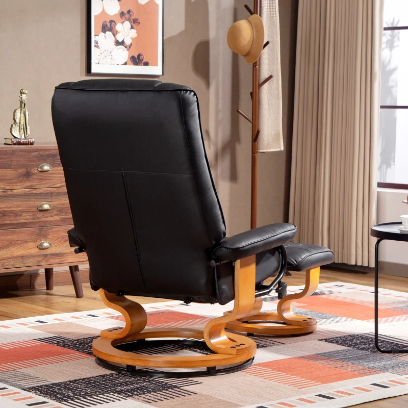 HOMCOM Relaxfauteuil met Hocker, draaibaar & kantelbaar, Kunstleren bekleding, tot 150 kg, Houten frame, Zwart