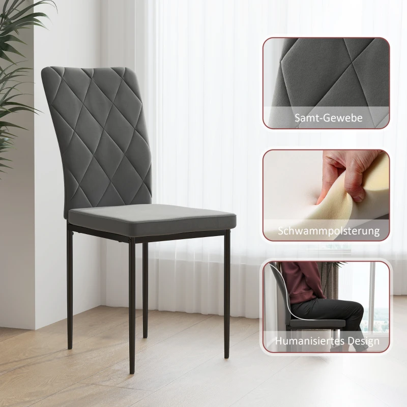 HOMCOM Set van 4 eetkamerstoelen met fluwelen uitstraling, moderne gestoffeerde stoelen met metalen poten, voor eetkamer, slaapkamer, keuken, grijs(m-5)