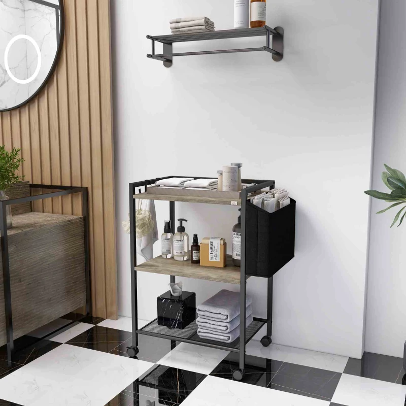 HOMCOM Carrito Auxiliar con Ruedas de 3 Niveles con Bolsa de Tela y 2 Ganchos para Salón Cocina Comedor 66x40x80,5 cm Gris
