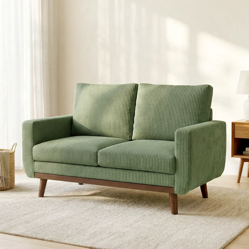HOMCOM 2-Sitzer-Sofa, 134 cm Cord-Sofa mit Taschenfedern, dicker Rückenlehne, Holzlatten-Akzent, Grün