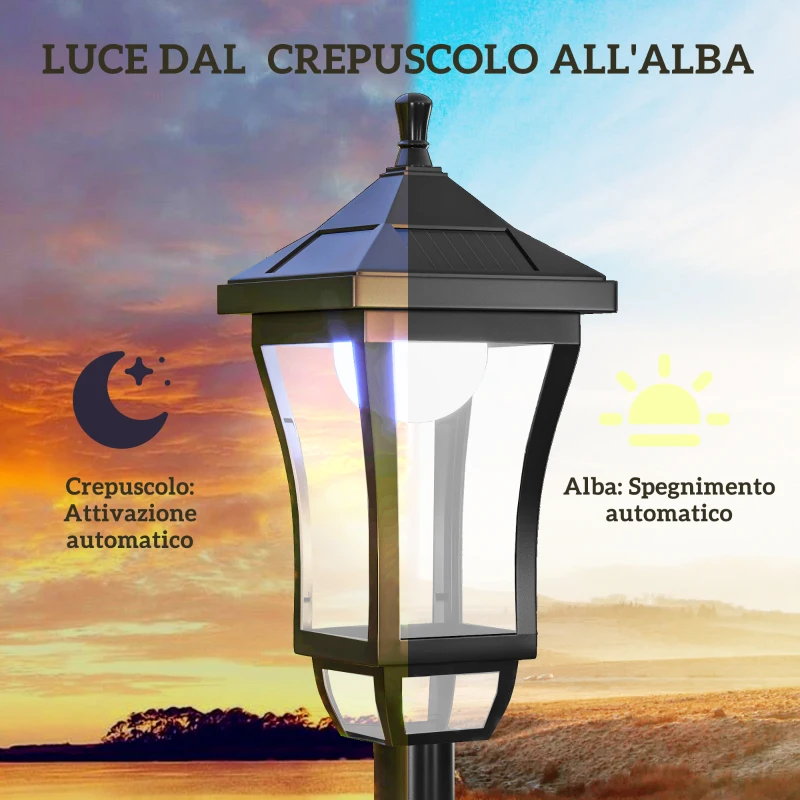 Outsunny Lampione da Giardino con 6h Autonomia e Ancoraggio a Terra, in ABS e Policarbonato, 15x15x127 cm, Nero