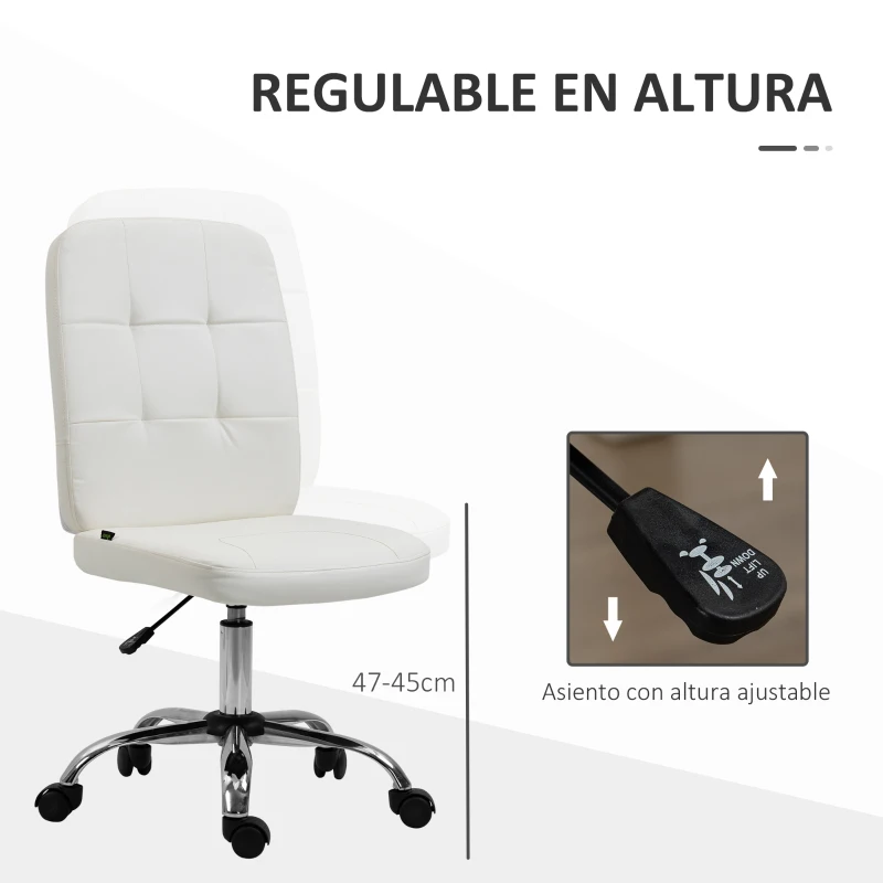 Vinsetto Silla de Oficina sin Brazos Silla de Escritorio Giratorio de Piel Sintética con Altura Ajustable 45x59x90-100 cm Blanco