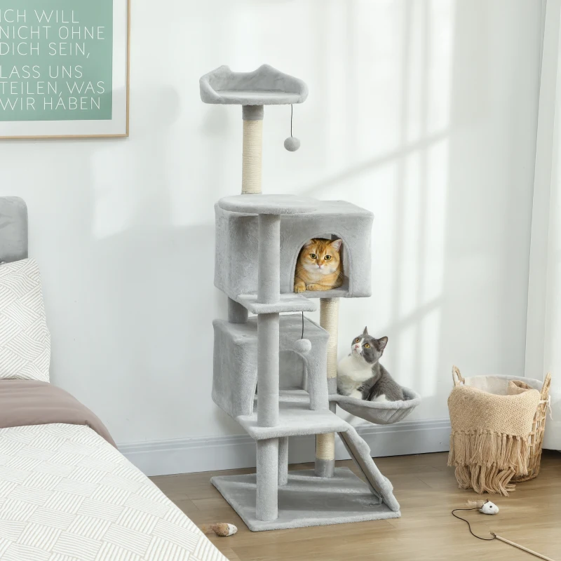 PawHut Arranhador para Gatos com Múltiplas Plataformas Cama 2 Cavernas Rede Escada Postes de Sisal 48x48x140 cm Cinzento Claro