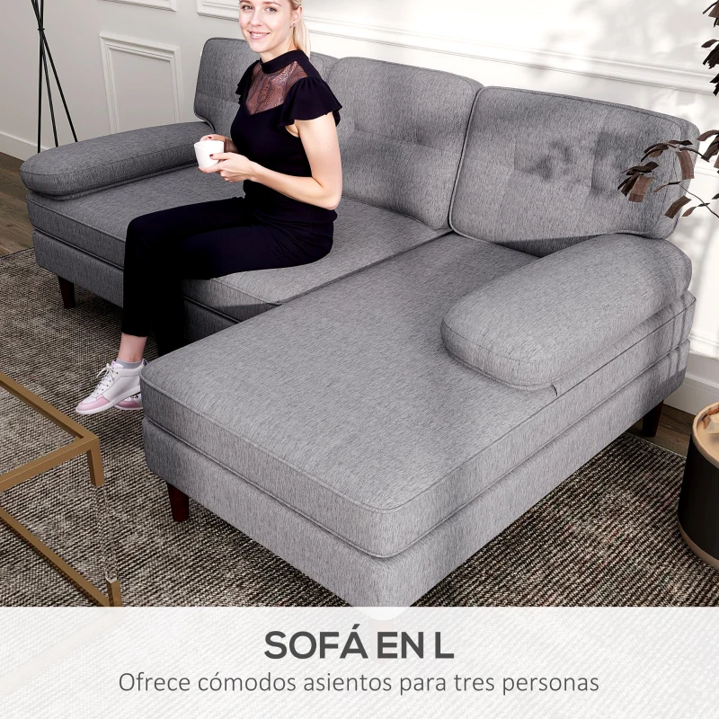 HOMCOM Sofá Esquinero de 3 Plazas Tapizado en Chenilla en Forma de L con Patas de Madera y Reposabrazos 215x142x88 cm Gris