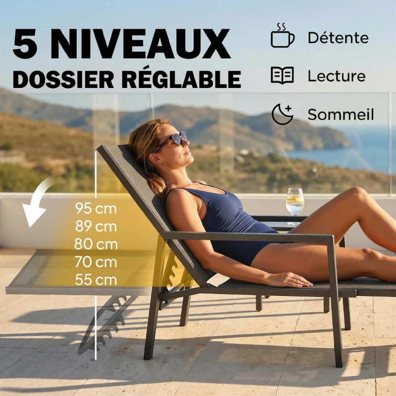 Outsunny Chaise Longue Jardin Réglable à 5 Positions avec Repose-Pieds Rétractable et Accoudoirs, Acier, 63x185x55cm, Noir