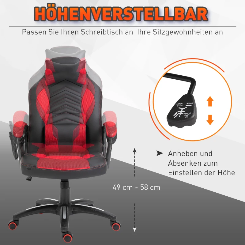HOMCOM Bureaustoel Massagestoel met 6 Vibratiepunten Ergonomische Gamingstoel met Verwarmingsfunctie Kunstleer Rood 68 x 69 x 108-117cm