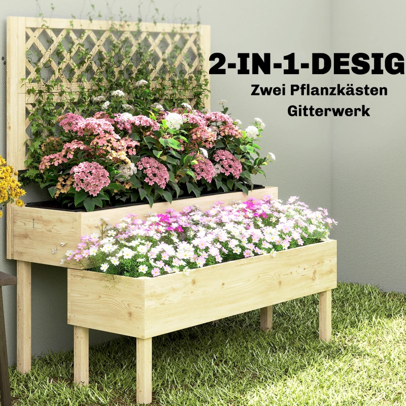 Outsunny Verhoogde plantenbak met trellis, 2-traps bloembak met 2 plantenbakken, hout 108 x 62 x 120 cm