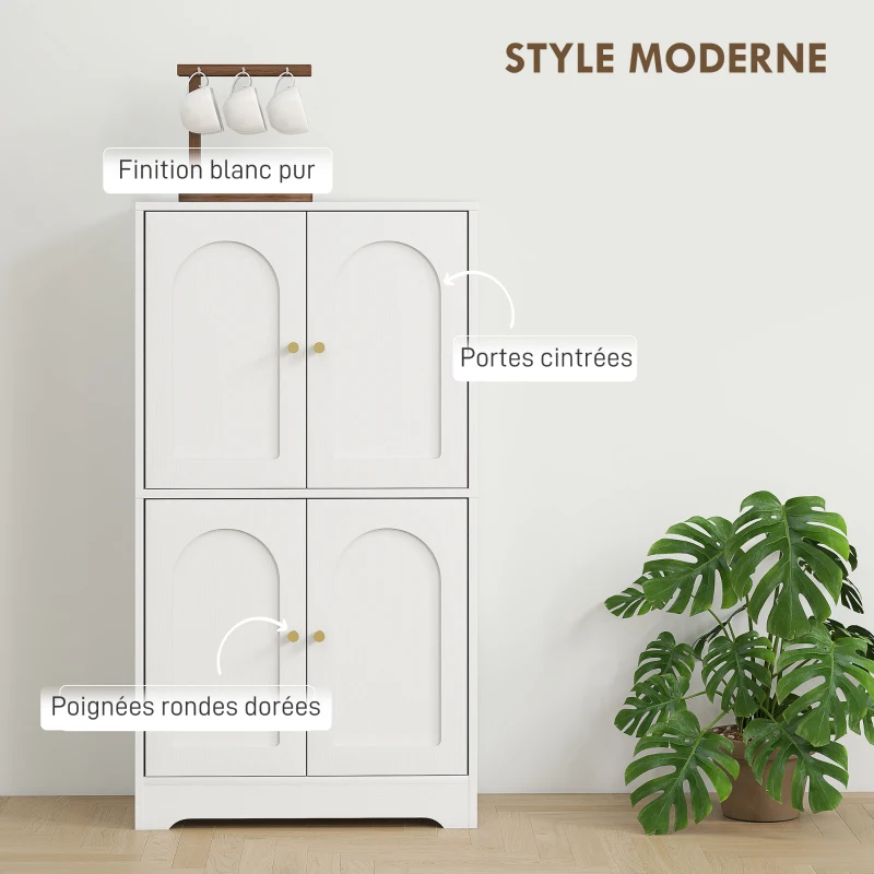HOMCOM Buffet cuisine, meuble cuisine rangement avec 4 portes cintrées et 2 étagères réglables, 60 x 30 x 110 cm, blanc(m-4)