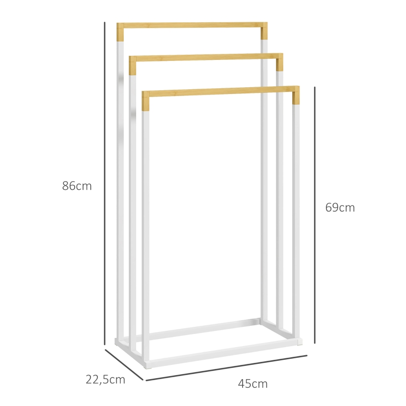 kleankin Handdoekhouder met 3 Stangen, Industrieel Ontwerp, Bamboe, 45 x 22,5 x 86 cm, Wit + Natuur