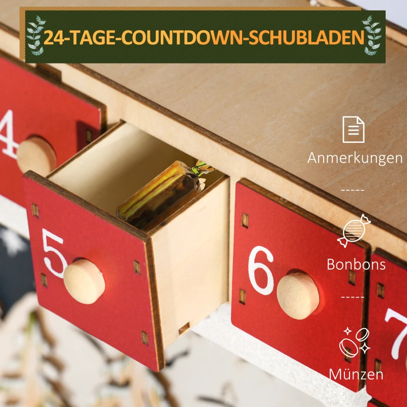 HOMCOM LED Adventskalender met Dorpstafereel, 24 Grote Lades, MDF, 34 x 7 x 34 cm, Rood