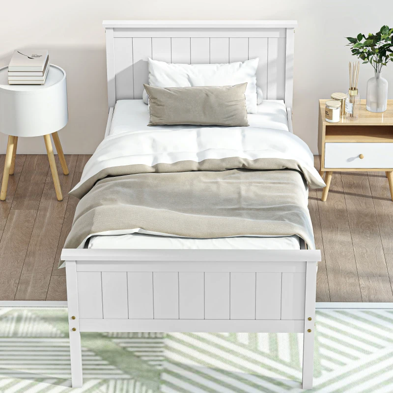 HOMCOM Cadre de lit 90 x 200 cm, lit simple en bois massif avec sommier à lattes tête et pied inclus, assemblage facile, blanc