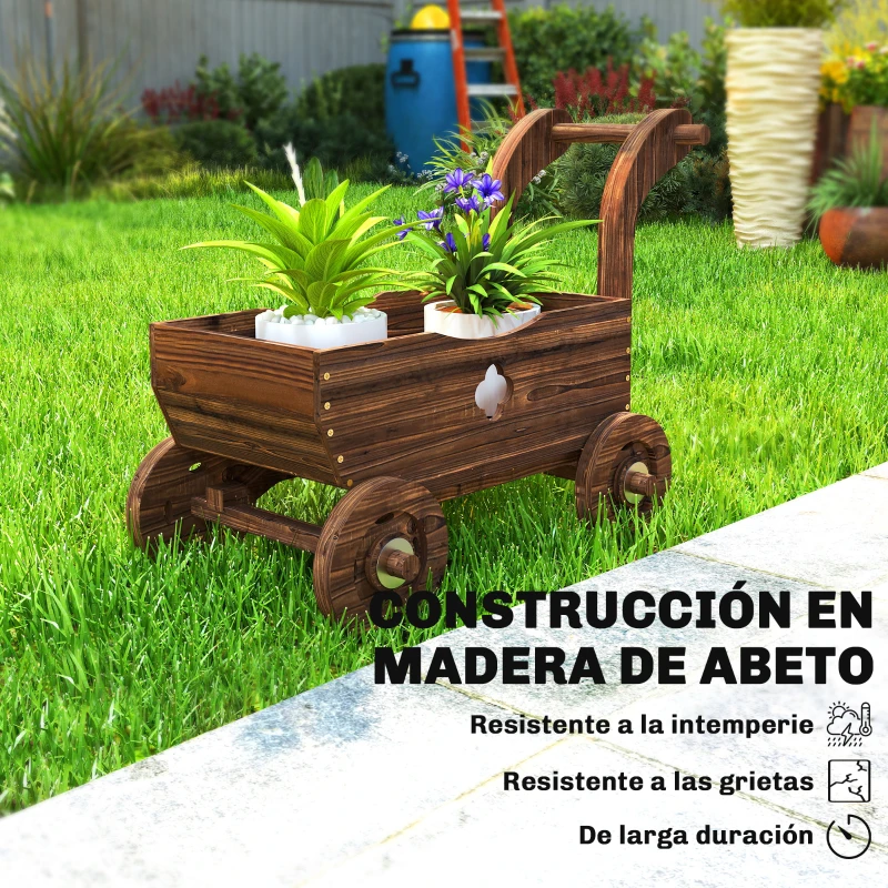 Outsunny Carretilla de Madera Decorativa Jardinera Elevada con 4 Ruedas Asa Orificios de Drenaje 68x38x52 cm Carbonizado
