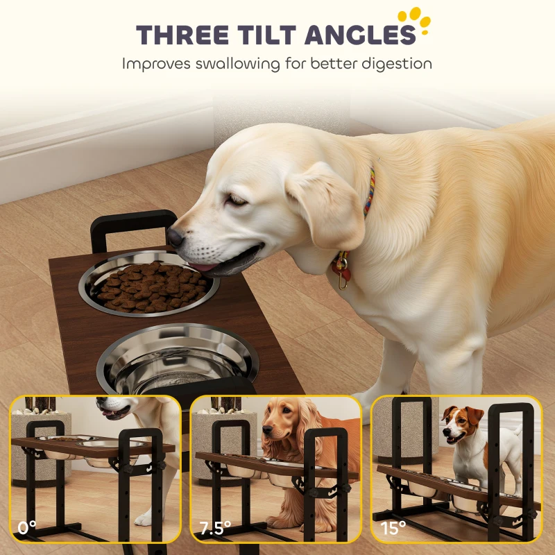 PawHut Raised Dog Bowls with Stand, 4 Heights Adjustable Pet Feeder with 3 Adjustable Angles for Small, Medium & Large Breeds, Brown