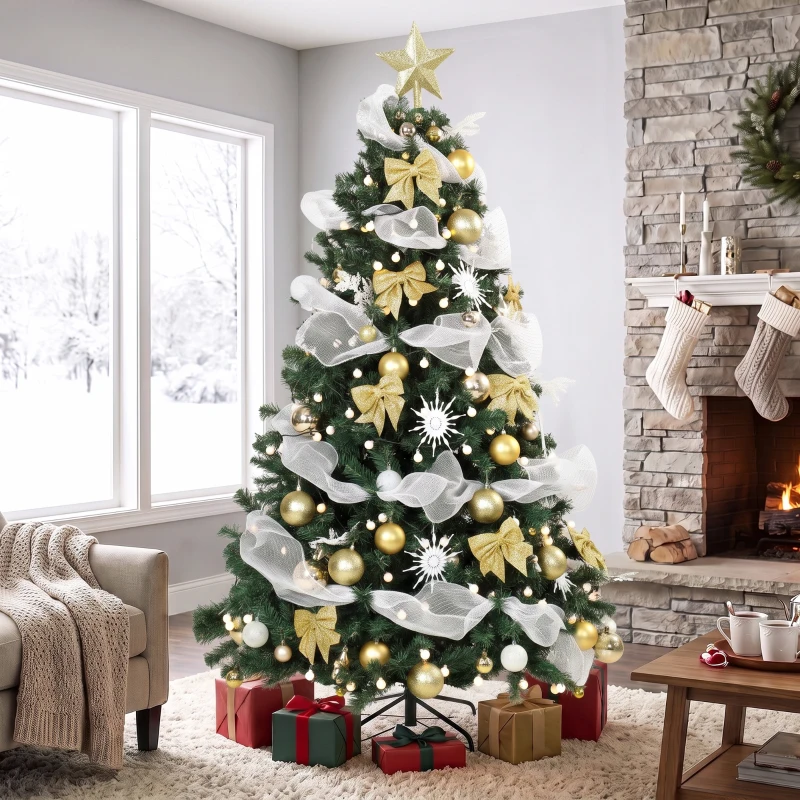 HOMCOM Weihnachtsbaum 180cm mit 200 warmweißen LEDs, 8 Modi, 800 feuerhemmende Zweige, Kugeln, Bänder, Schleifen