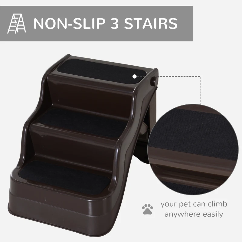 PawHut 3-steps Dog Stairs, Plastic Cat Ladder Lightweight, Pet Access Steps, for Bed, Sofa, Non-slip Stickers, Brown