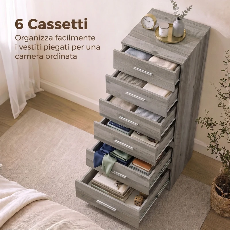 HOMCOM Cassettiera Moderna a 6 Cassetti per Camera, 40x40x110 cm, Grigio