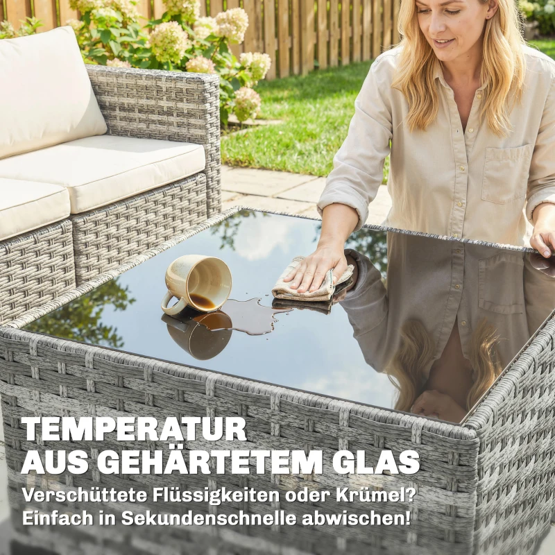 Outsunny Polyrattan tuinmeubelset 5-delig, loungeset met hoekbank, poef, tafel, zit- & rugkussens Grijs+Crèmewit