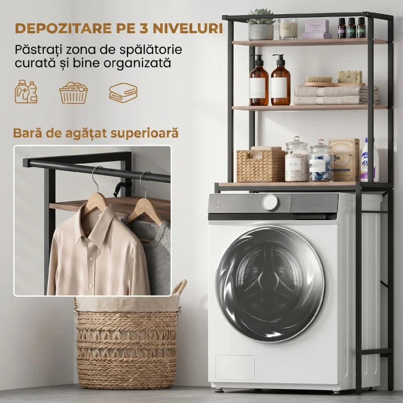 HOMCOM Raft 3 Nivele deasupra Mașinii de Spălat cu Bară Umerașe, Maro/Negru