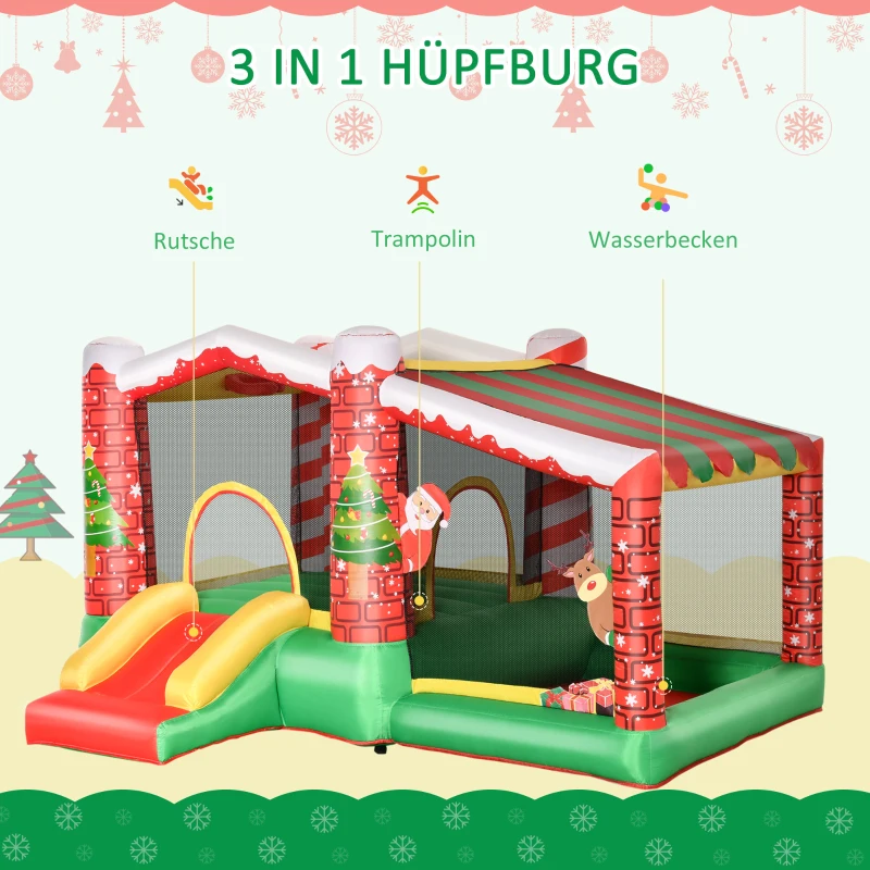 Outsunny kerstmis opblaasbaar springkasteel met waterbassin trampoline kleine glijbaan voor 3 kinderen springkasteel met blazer voor 3-8 jaar kleuterschool Oxford stof polyester rood + groen 325 x 270 x 175 cm