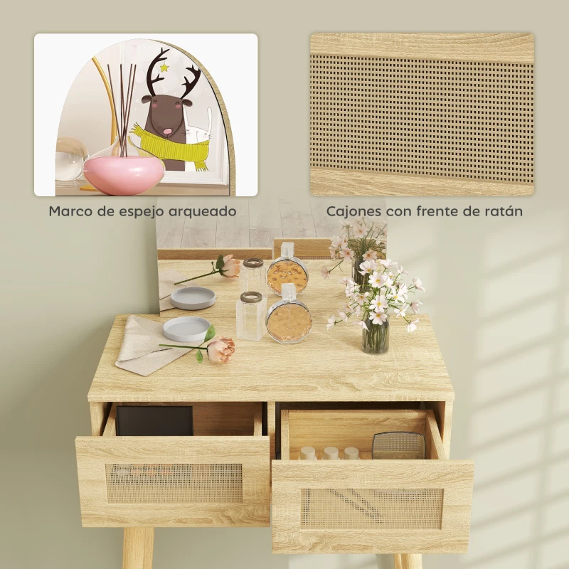 HOMCOM Tocador de Maquillaje con Espejo Arqueado 2 Cajones con Frontal de Ratán para Espacios Pequeños Natural