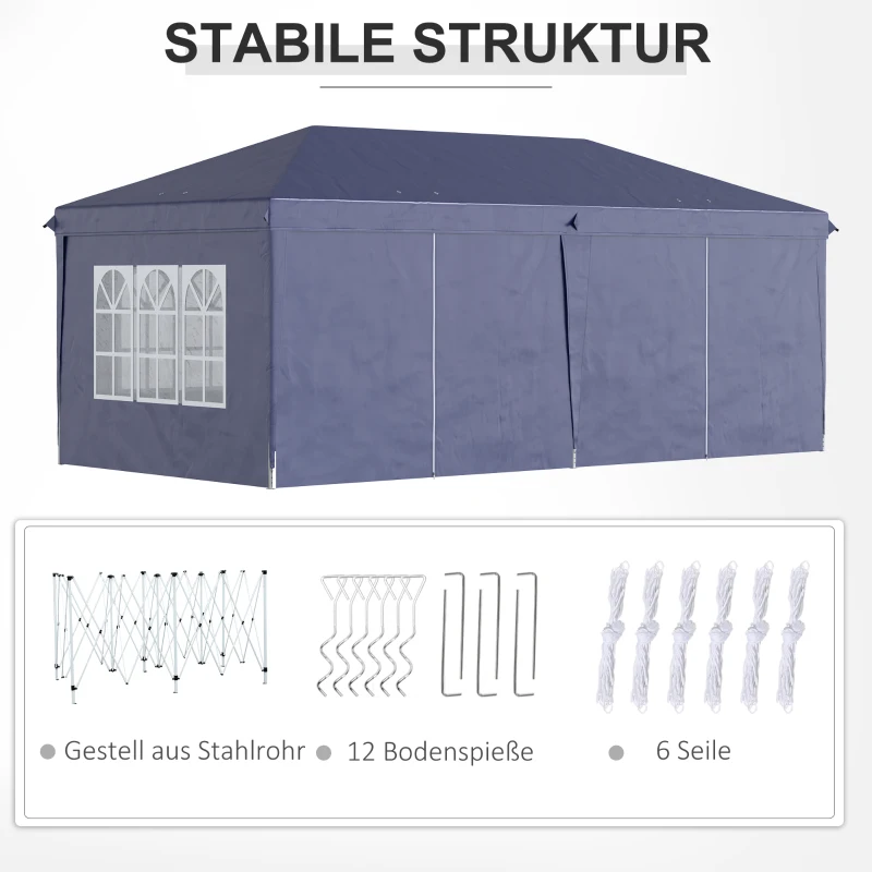 Outsunny Vouwtent van 6 x 3 m, verwijderbare zijwanden, grote ramen, deuren met ritssluiting, stalen frame, blauw