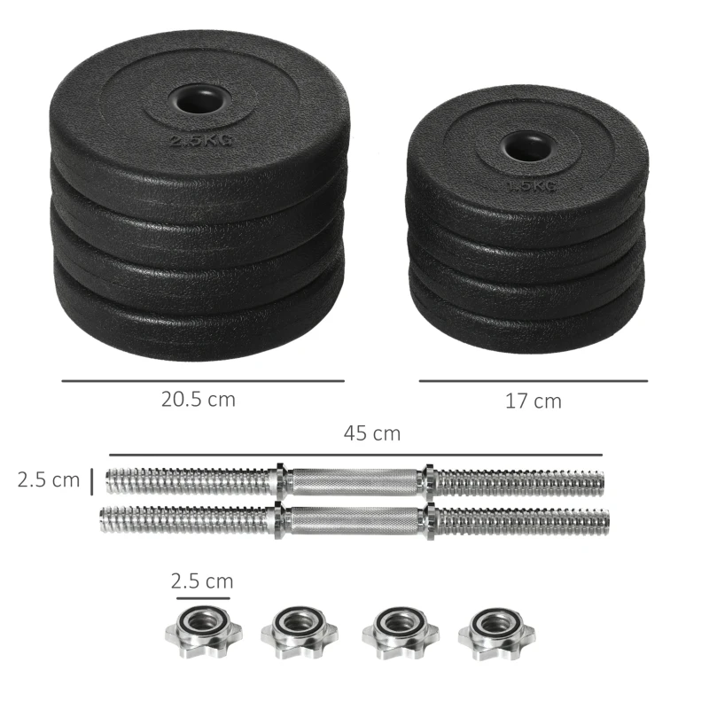 HOMCOM Set Gantere cu Greutăți de 20 kg (4x2.5 kg, 4x1.5 kg) cu 8 Discuri și 2 Gantere de 2 kg, 43x18x7.5 cm, Negru