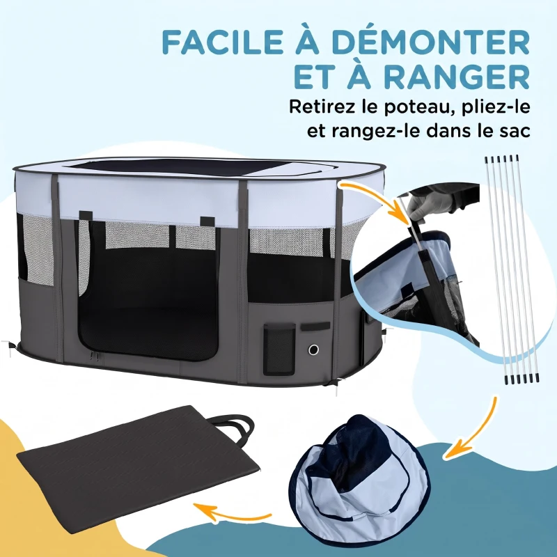 PawHut Parc pliable pour animaux de compagnie parc pour chiots en tissu Oxford avec fenêtres et portes sac de rangement gris