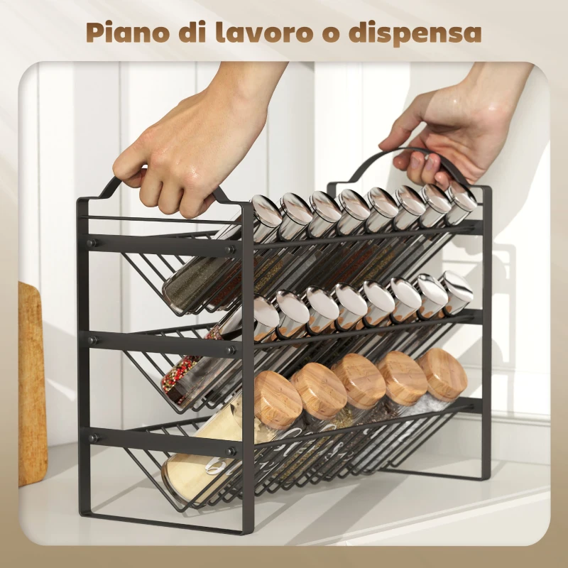 HOMCOM Portaspezie da Cucina a 3 Livelli, Organizer Salvaspazio con Ripiani Inclinati in Metallo, Nero