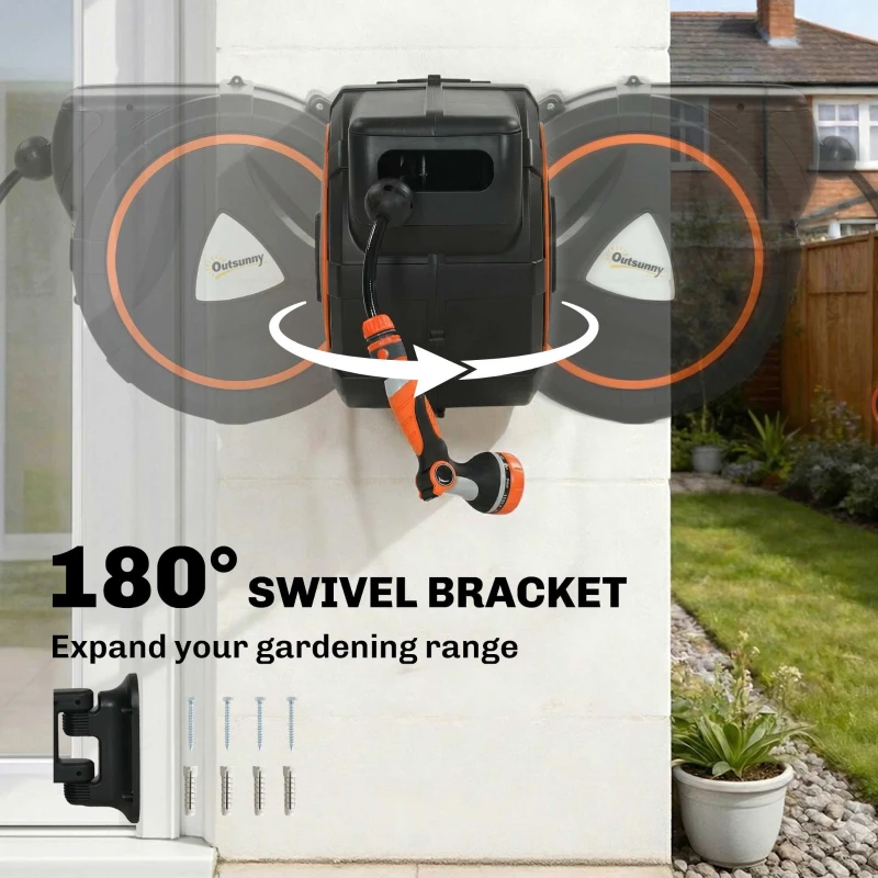 Outsunny 28+2m Retractable Hose Reel Wall Mounted with Auto Retraction, Self-Locking, Slow Return System, 12-Pattern Nozzles