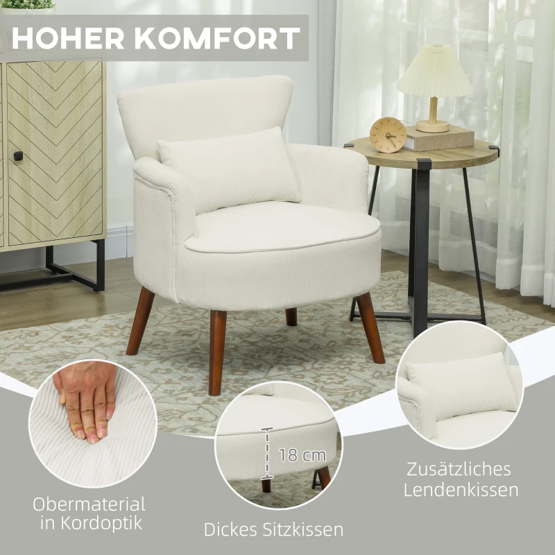 HOMCOM Moderne Armstoel, Gepolsterde Accentstoel met Lendekussen, Rubberhouten Poten, Crèmewit