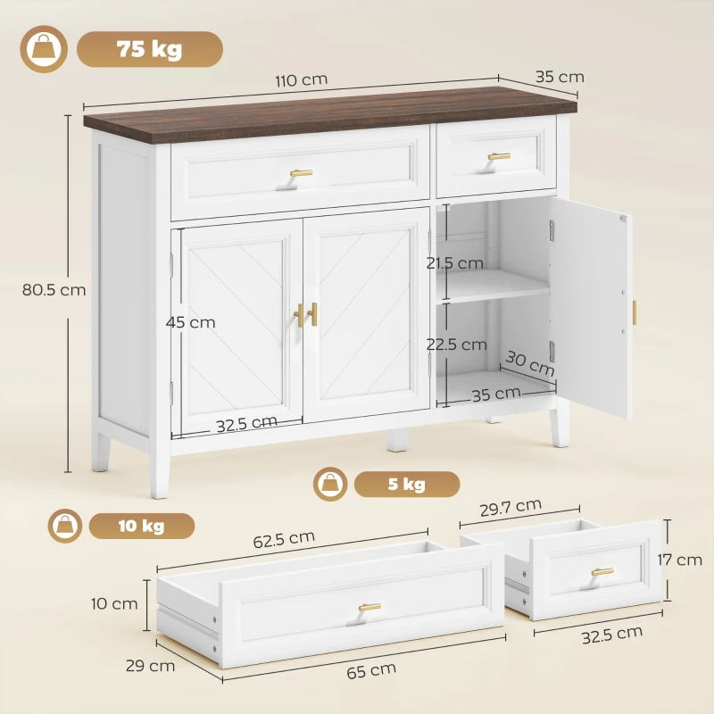HOMCOM Modern Sideboard with 3 Doors, 2 Drawers and Adjustable Shelves, White