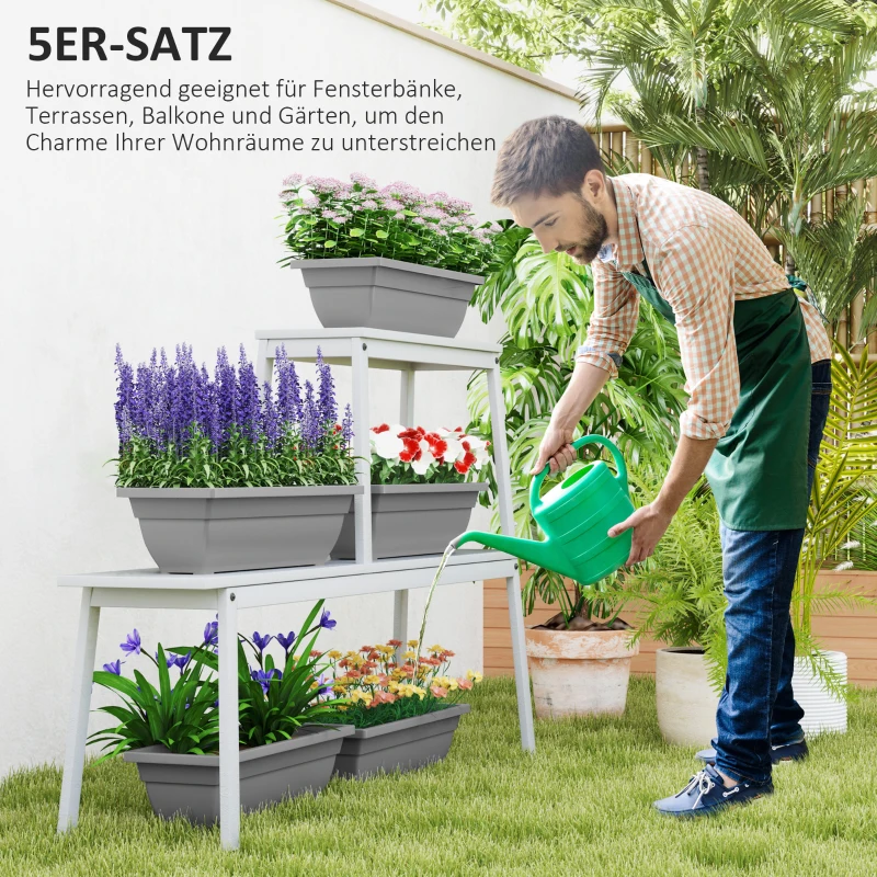 Outsunny 5-delige Set Bloempotten, Plantenbakken van Kunststof voor Terras, Tuin, Balkon, 59 x 21 x 16 cm, Grijs