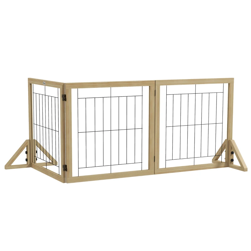 PawHut Poartă pentru Câini Pliabilă cu 3 Panouri și Picioare Triunghiulare, 210x70 cm, Lemn Natural