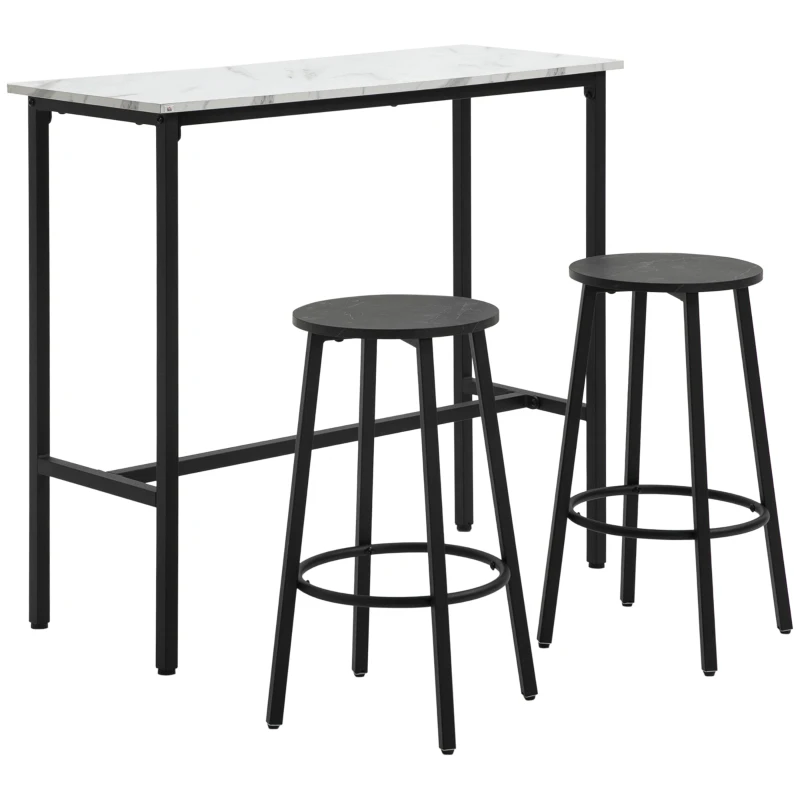 HOMCOM Barset voor 2 personen, 1 tafel met 2 barkrukken, wit marmeren blad, stalen frame(m-10)