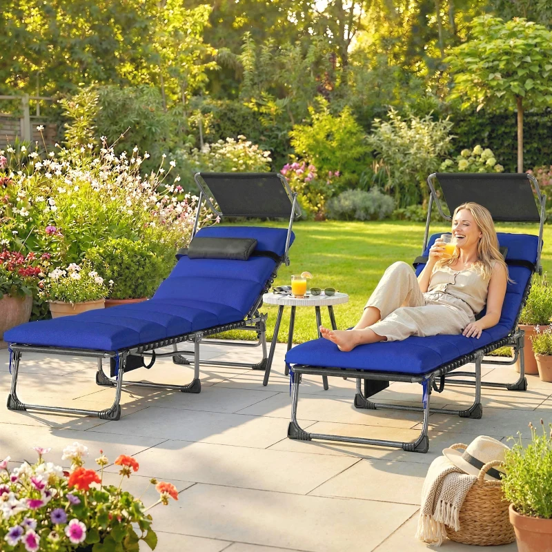 Outsunny Folding Sun Loungers Set of 2 with Canopy, Reclining Sunbed with Cushion, Side Pocket, Carrying Handle, Dark Blue