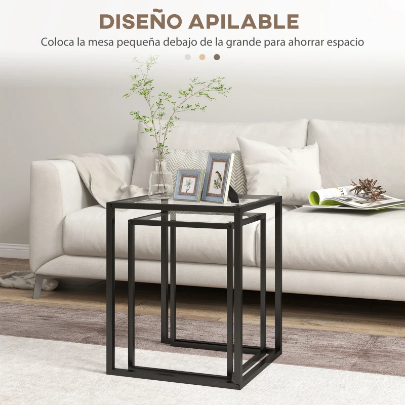 HOMCOM Juego de Mesas de Centro Apilables con Encimera de Vidrio Templado y Marco de Acero 33x33x45,5 cm y 42x42x51 cm Negro