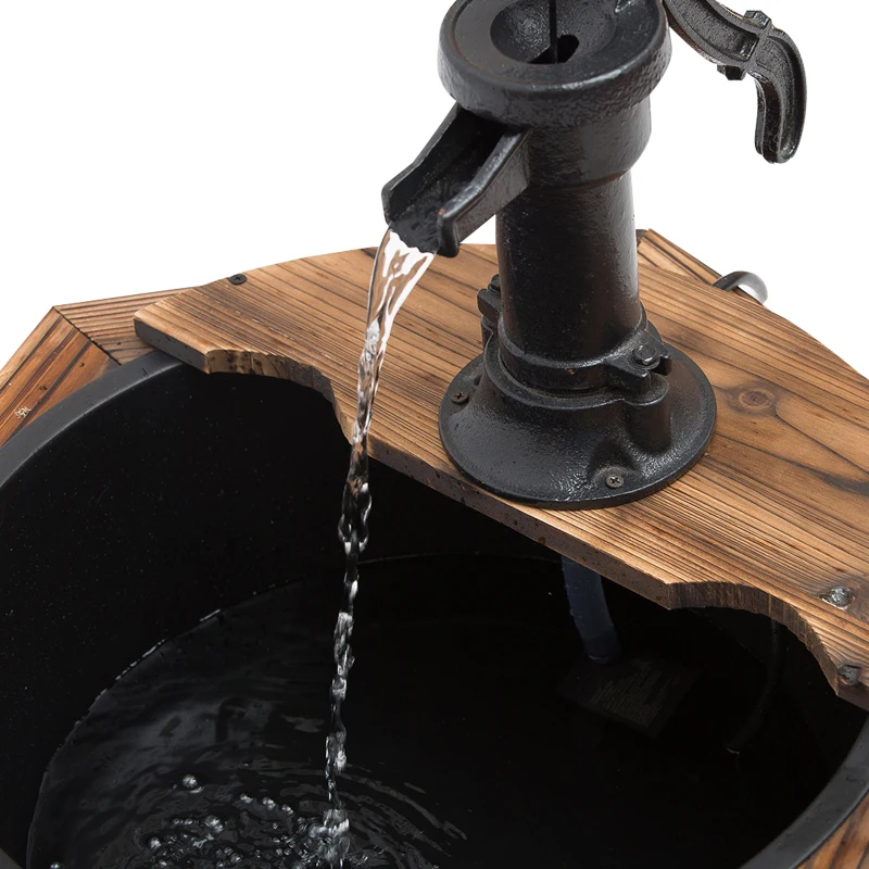 Outsunny Wooden Electric Water Fountain Garden Ornament w/ Hand Pump Plastic Well Classic Water Pump Feature Decoration Suitable For Garden Patio Oasis