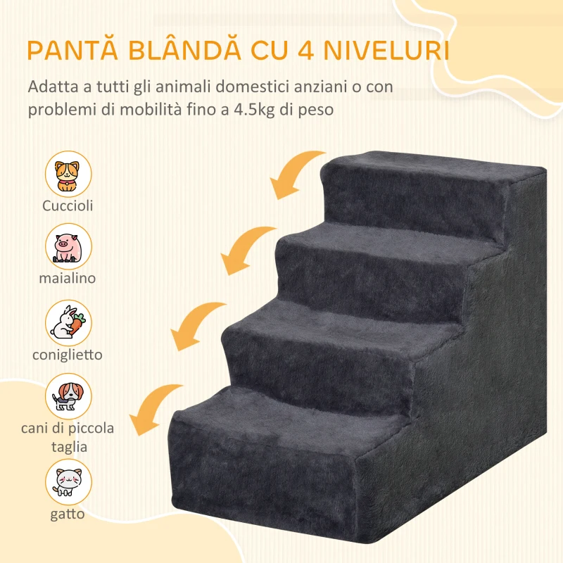PawHut Scară Portabilă pentru Câini cu 4 Trepte, din Material de Catifea Detașabil și Lemn, 60x35x44 cm, Gri Închis