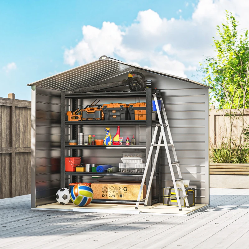 Outsunny 2,43 m² tuinschuur, 213 x 131 x 192 cm, tuinschuur met zadeldak, afsluitbare schuifdeur, weerbestendig, Grijs