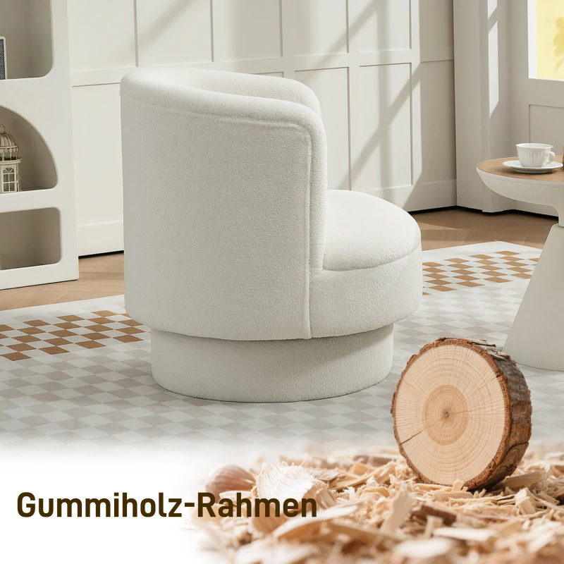 HOMCOM Draaibare gestoffeerde fauteuil, moderne loungefauteuil met frame van rubberhout, voor woonkamer en slaapkamer, crèmewit