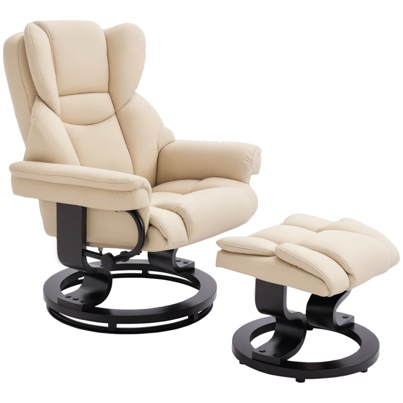 HOMCOM Fauteuil met kruk, ligfunctie, draaibaar, tot 160 kg, kunstleer, metalen frame, crème, 80 x 79 x 100 cm