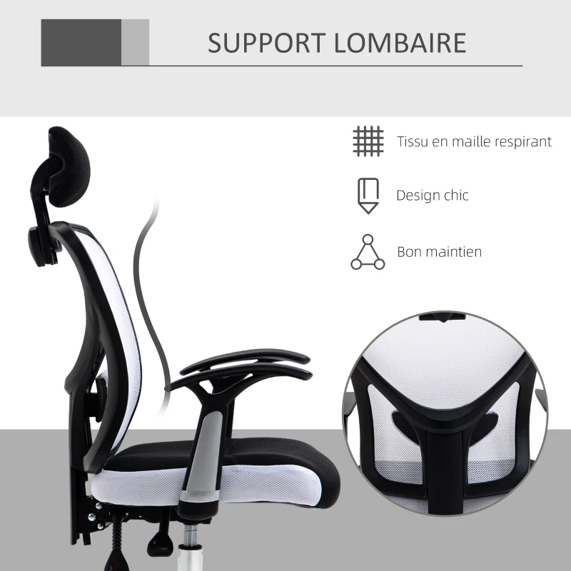 Vinsetto Fauteuil de bureau, chaise de bureau en maille avec hauteur réglable, dossier inclinable, 62x67x118cm, noir et blanc