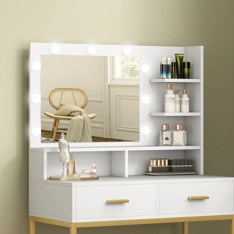 HOMCOM Toucador de Maquilhagem com Luz e Banco Mesa de Maquilhagem com 2 Gavetas e Prateleiras Estilo Moderno para Quarto Branco