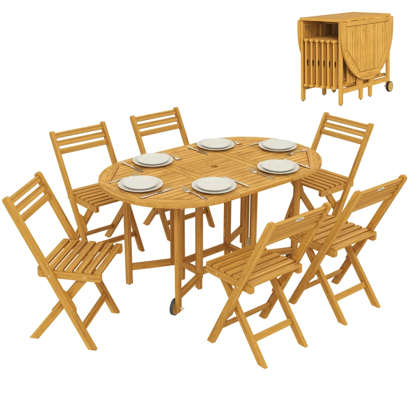 Outsunny Tuinmeubelset FSC hout zitgroep 7-delig uitschuifbare tafel met 6 klapstoelen parasolopening lamellenontwerp