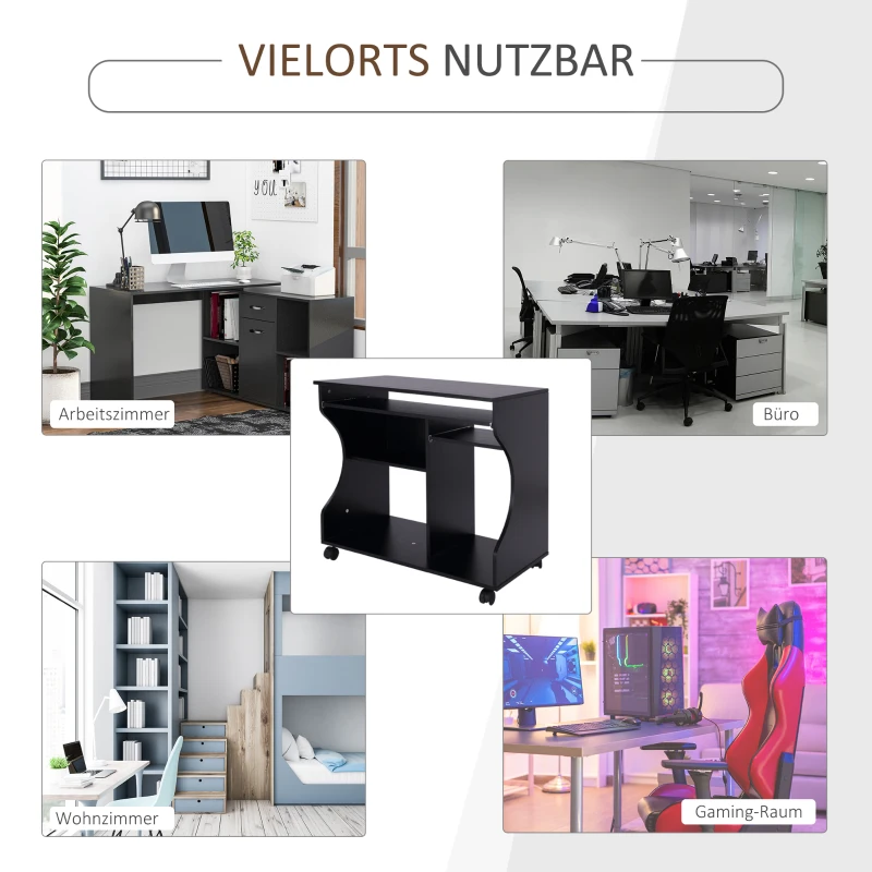 HOMCOM Mobiel rolbaar bureau zwart computerbureau tafel werktafel met aflegvlak