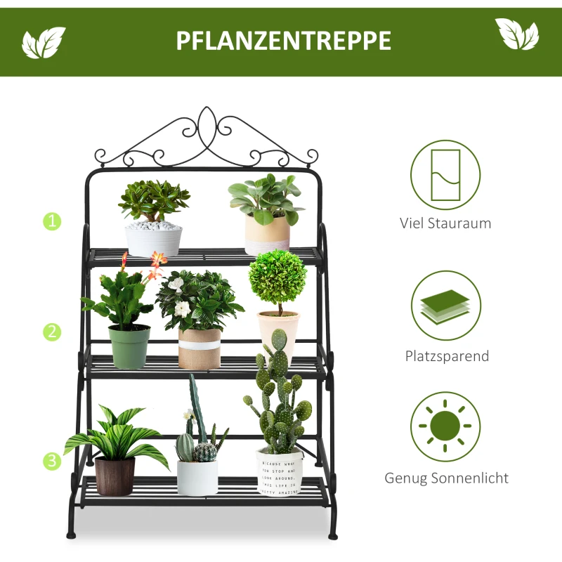 Outsunny 3-laags decoratieve plantenstandaard metaal zwart 60,5 x 59,5 x 95,5 cm