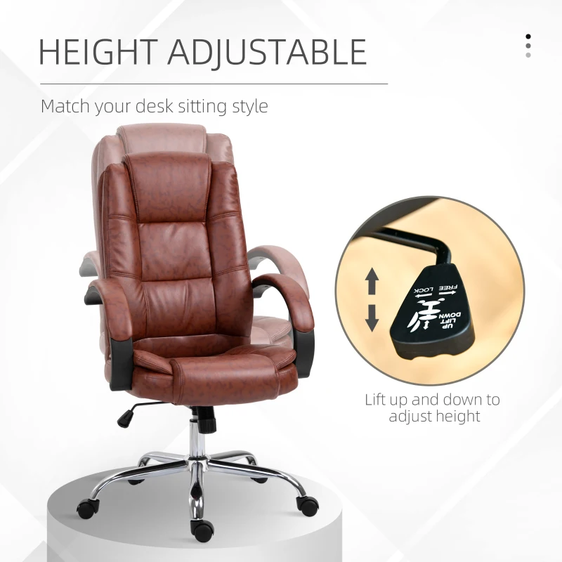 Vinsetto Office Chair, PU Leather Desk Chair with 13cm Soft Padded Seat and Backrest, Swivel Chair with Adjustable Height and Rolling Wheels, Brown