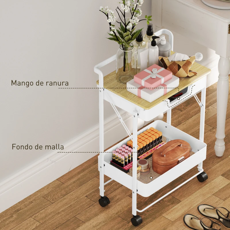HOMCOM Carrito Auxiliar con Ruedas de 2 Niveles con Cajón Encimera y Cesta de Rejilla para Dormitorio Baño Cocina Blanco
