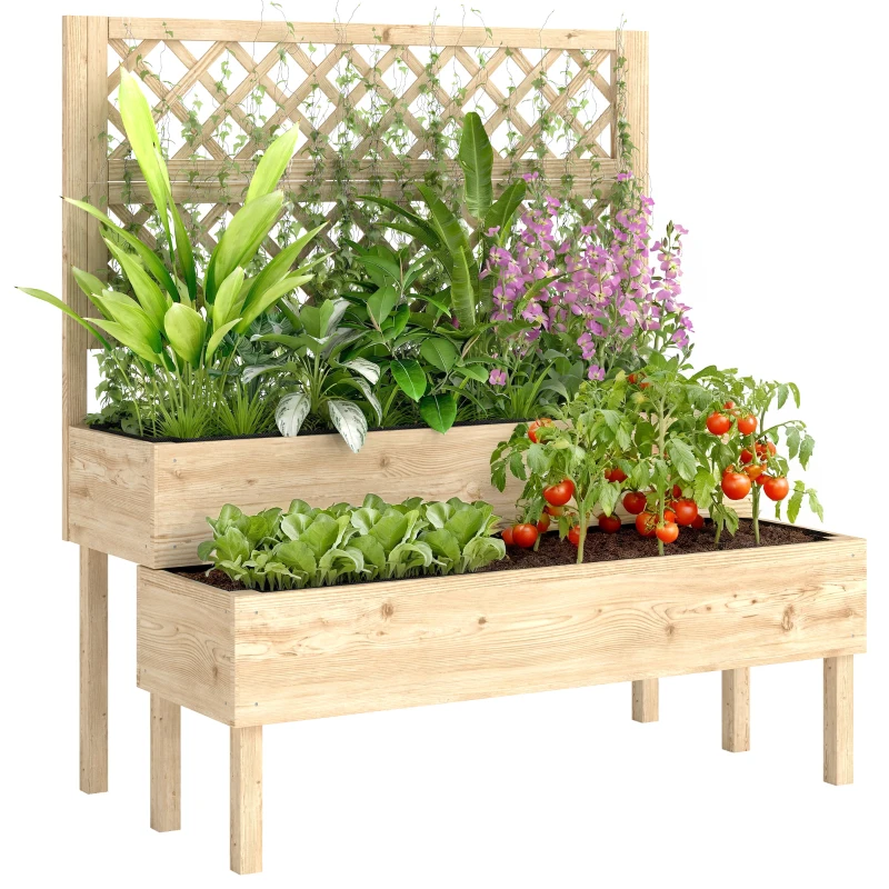 Outsunny Verhoogde plantenbak met trellis, 2-traps bloembak met 2 plantenbakken, hout 108 x 62 x 120 cm